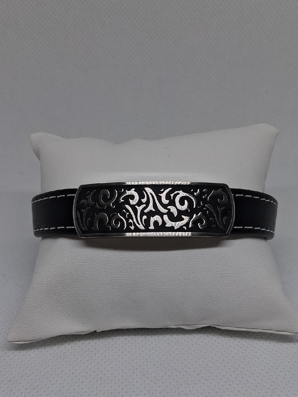 Metro Black Leather Bracelet with Silver Filigree Plaque